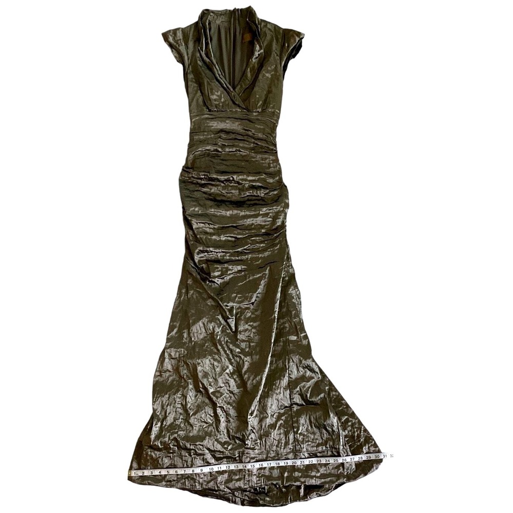 Nicole Miller Evening Gown Womens 2 Bronze Ruched Metallic Portrait Collar - Picture 12 of 16
